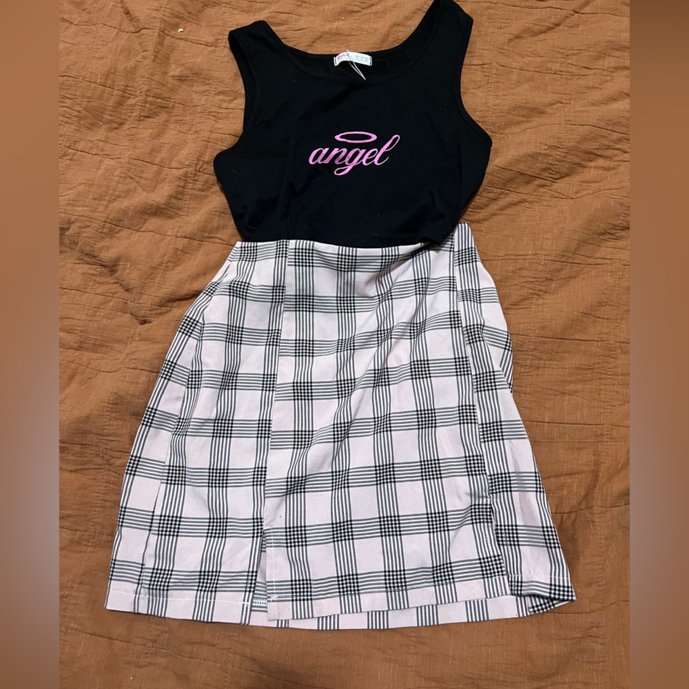 “angel” plaid mini skirt and top matching set